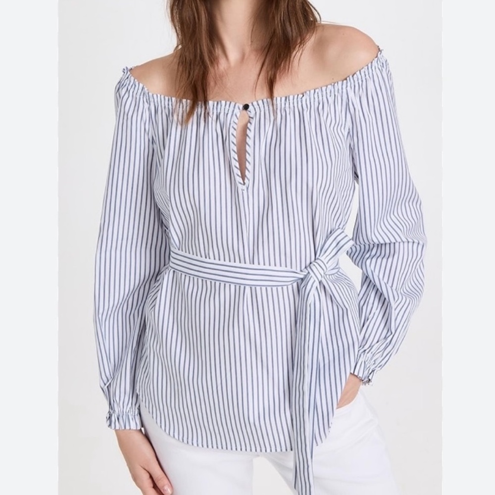 Rag & Bone Sierra Stripe Belted Off The Shoulder Top Blue‎ White